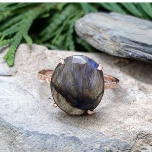 14k Rose Gold Sterling Silver Labradorite Hammered Band Ring Size 7.75
